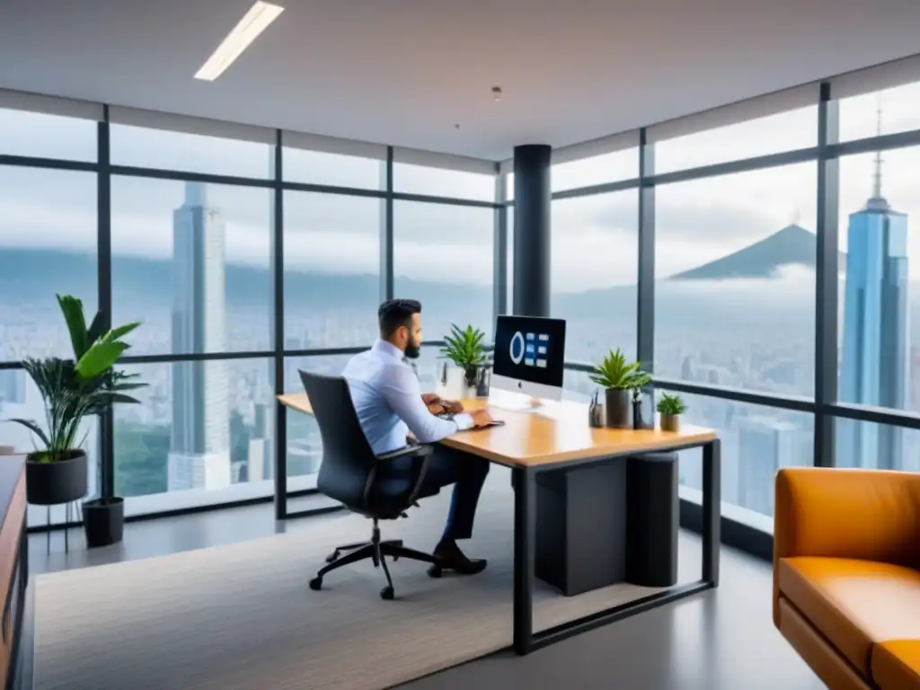 Espacio de coworking vibrante en moderno edificio en ciudad latinoamericana Un vibrante espacio de trabajo compartido en un moderno rascacielos en una ciudad latinoamericana