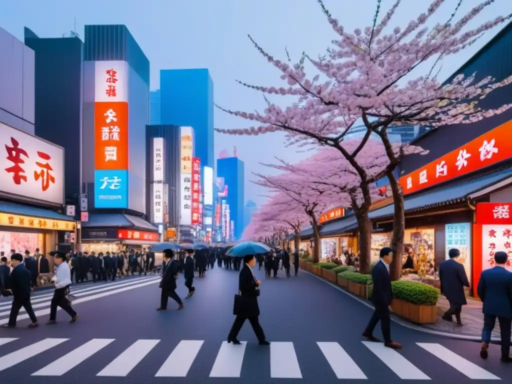 Tokio: contraste arquitectónico y energía vibrante Vibrante esquina de Tokio: arquitectura tradicional y moderna, multitudes y luces de neón