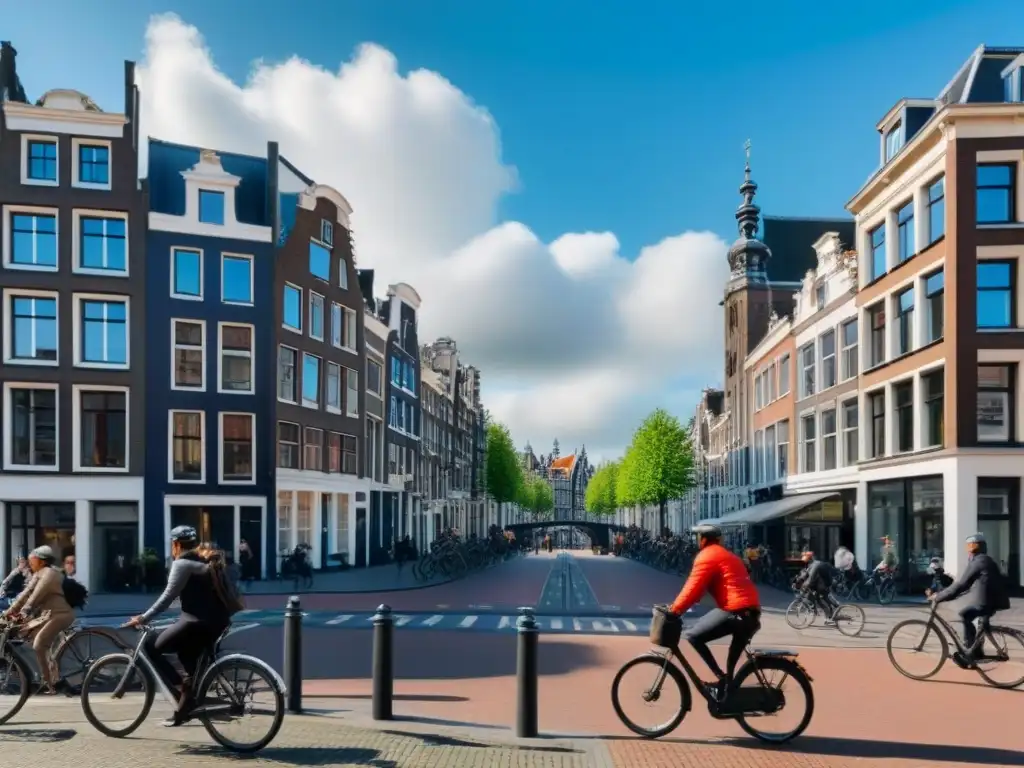 Amsterdam sostenible: armonía urbana entre ciclistas y naturaleza Vibrante esquina de Ámsterdam con diseño urbano sostenible y diversidad de personas en bicicleta bajo cielo azul