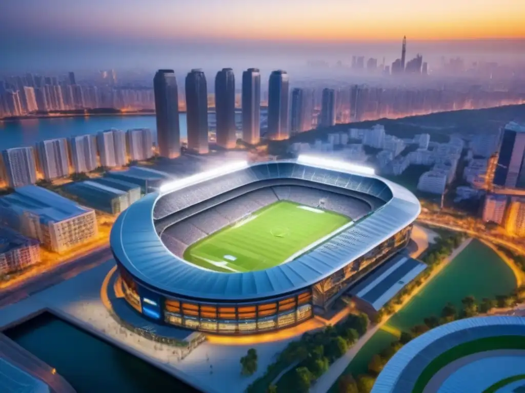 Estadio deportivo rodeado de hoteles de lujo en ciudad moderna Vibrante estadio rodeado de hoteles de lujo y ciudad moderna