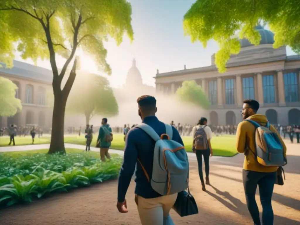 Vibrante campus universitario: modernidad y diversidad en 8k Universidad vibrante con estudiantes de diversas culturas en un campus moderno y lleno de vida