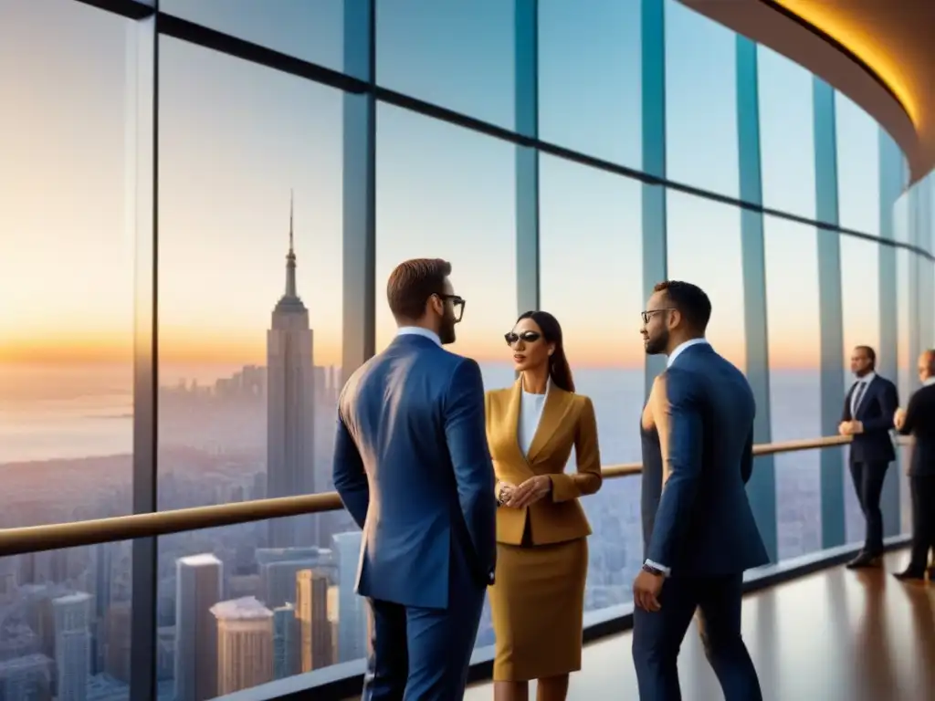 Conferencia inmobiliaria internacional: negocios y sofisticación en un escenario futurista Un vibrante evento de marketing inmobiliario internacional, con profesionales elegantes negociando en un entorno futurista al atardecer