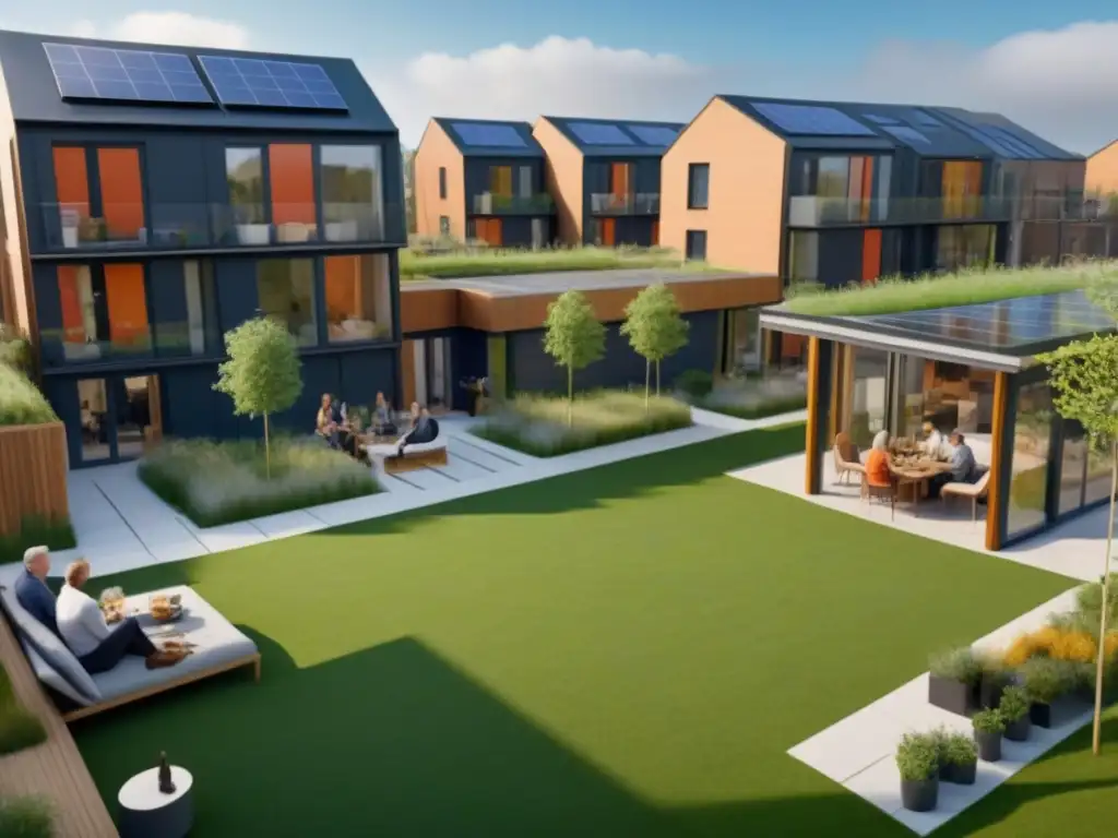 Vida comunitaria en cohousing: diversidad, sostenibilidad y modernidad Vibrante cohousing: familias diversas disfrutan juntas de actividades en comunidad