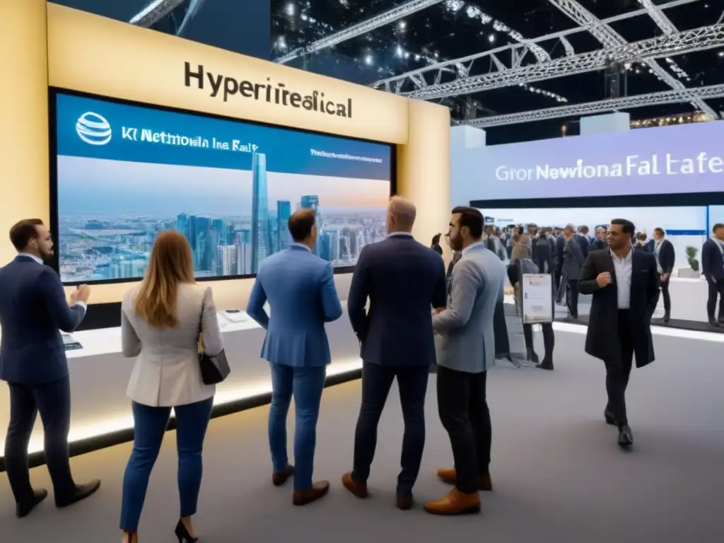 Vibrante feria inmobiliaria internacional promocionando propiedades de todo el mundo, con agentes y modelos arquitectónicos modernos