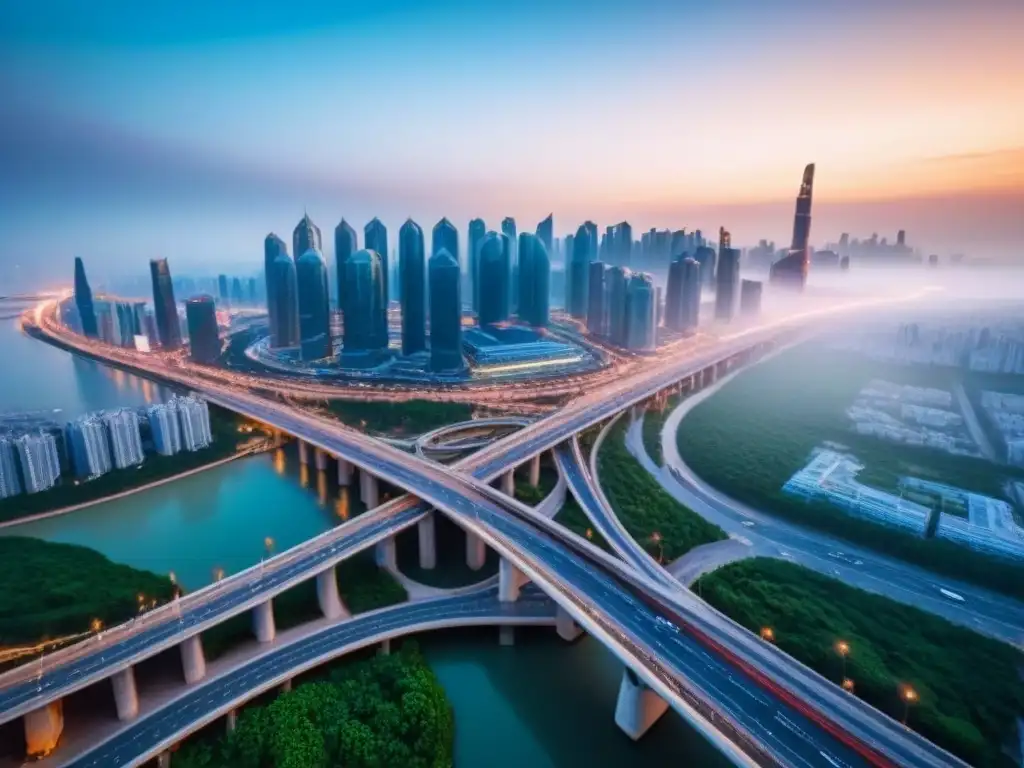 Metrópolis vibrante en la Iniciativa Belt and Road Vibrante metrópolis en la Franja y la Ruta, con rascacielos modernos, calles bulliciosas y redes de infraestructuras urbanas
