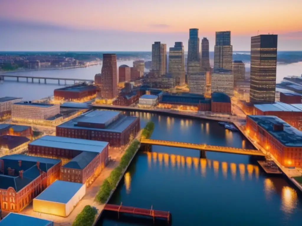 Horizonte posindustrial: fusión histórica y moderna al atardecer La vibrante fusión de lo antiguo y lo moderno en una ciudad postindustrial al anochecer