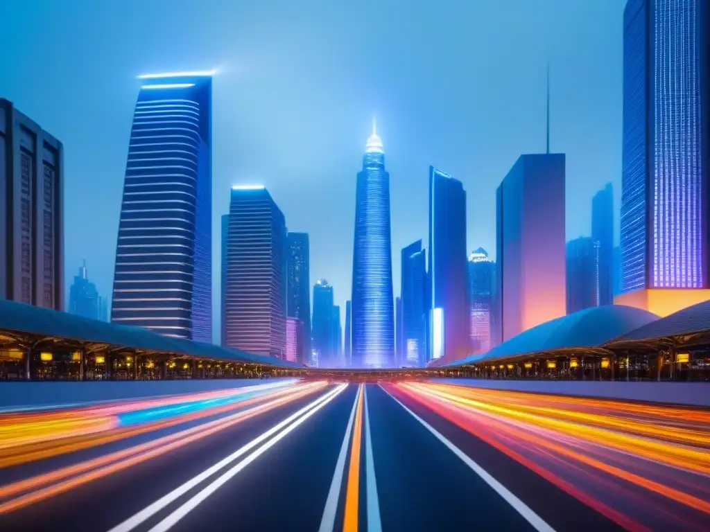Metrópolis futurista: luces neón en la noche Vibrante metrópolis futurista con arquitectura tradicional y elementos de alta tecnología, iluminada por luces de neón