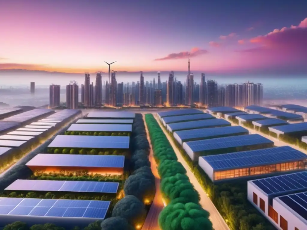 Metrópolis ecofriendly: visión futurista de sostenibilidad urbana Vibrante ciudad ecológica futurista al atardecer con edificios verdes, paneles solares y vehículos eléctricos