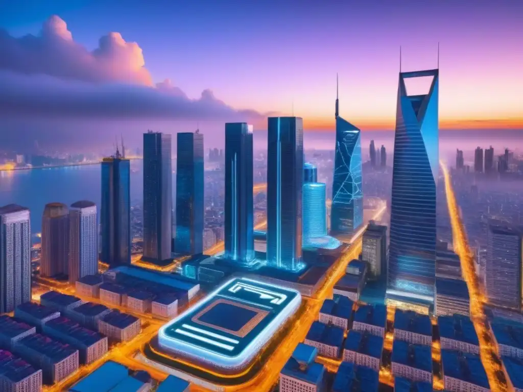 Metrópolis futurista con criptomonedas y negocios inmobiliarios Vibrante metrópolis futurista con criptomonedas en inversión inmobiliaria emergente