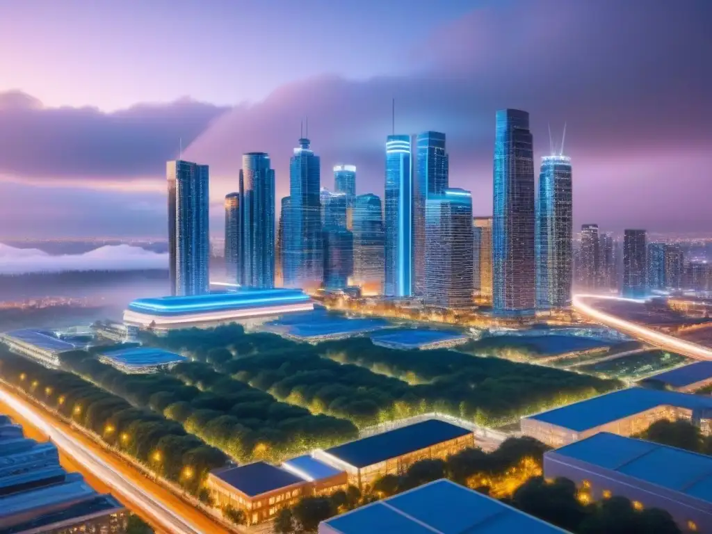 Metrópolis futurista: skyline vibrante y sostenible en Norteamérica Vibrante metrópolis futurista en Norteamérica con desarrollos inmobiliarios innovadores y eficiente transporte público