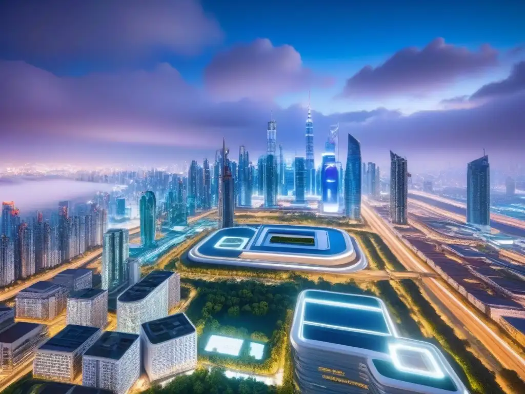 Metrópolis futurista: rascacielos innovadores y tecnología sostenible Vibrante metrópolis futurista con innovaciones en el mercado inmobiliario emergente