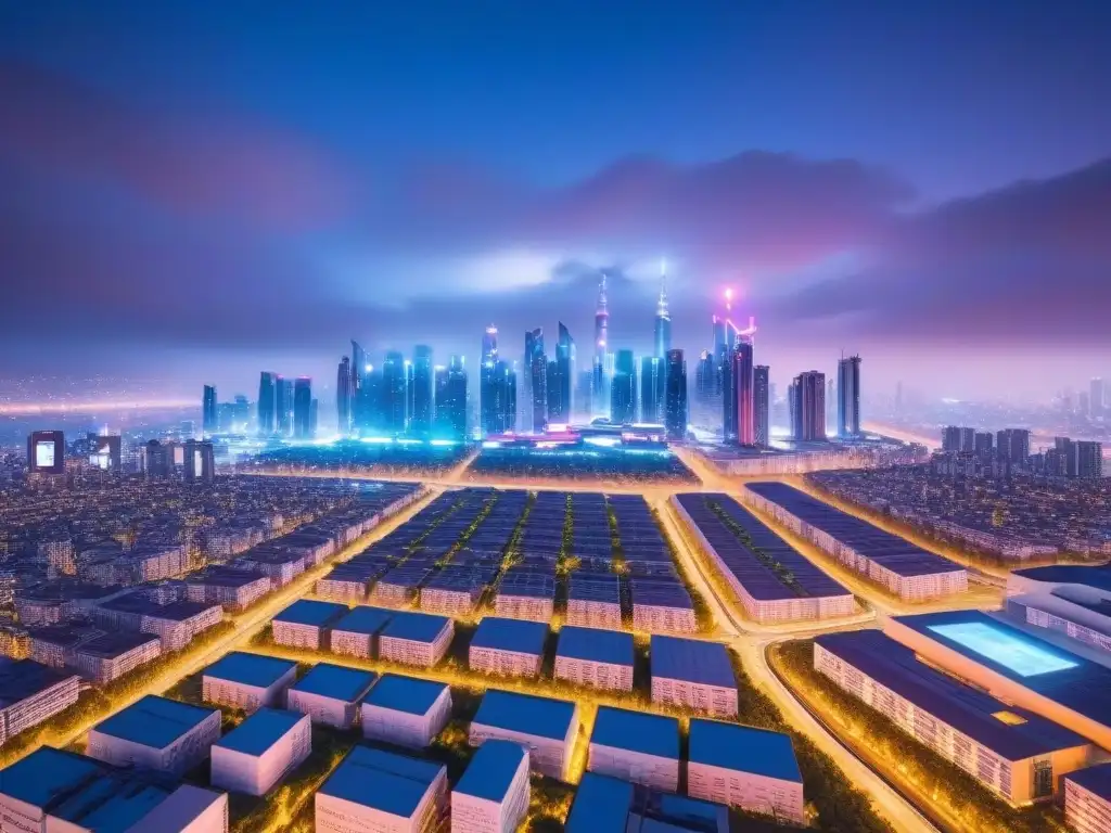 Metrópolis futurista: PropTech de vanguardia en skyline 8k Vibrante metrópolis futurista con Inversiones inmobiliarias internacionales PropTech