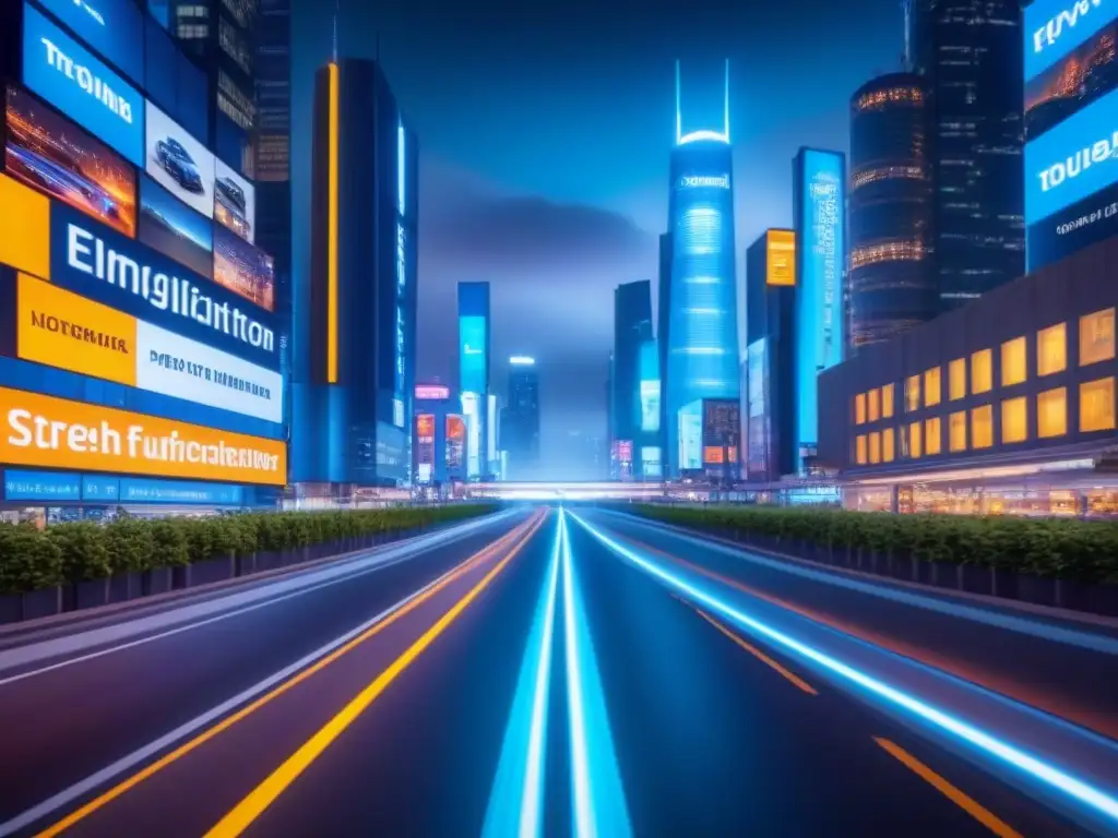Metrópolis futurista: rascacielos, autos voladores y pantallas digitales Vibrante metrópolis futurista de noche con rascacielos iluminados, autos voladores y anuncios digitales de Adquisición de Nest Seekers por eXp Realty