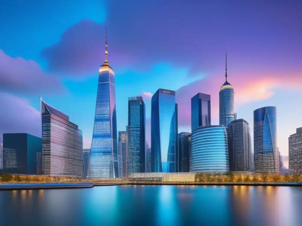 Horizonte urbano futurista: inversores en acción Un vibrante y futurista panorama urbano al anochecer, con rascacielos iluminados destacando en un bullicioso distrito financiero