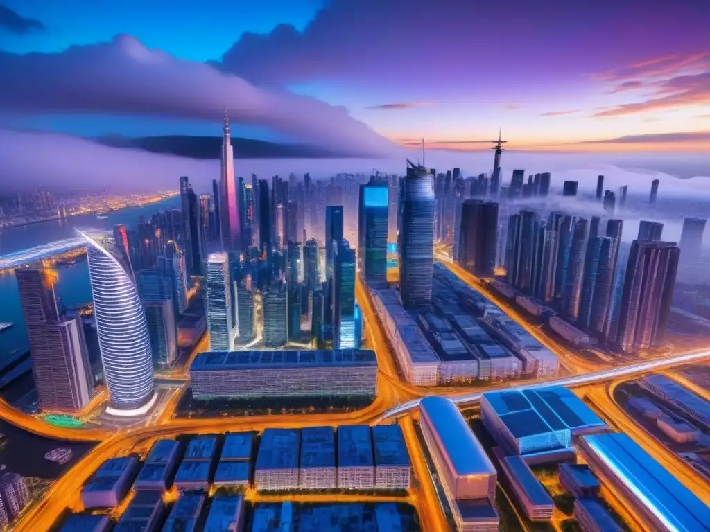 Metrópolis futurista: skyline hightech y luces neón Vibrante metrópolis futurista con rascacielos de alta tecnología y luces neón, reflejando ciudades líderes propiedades alta tecnología