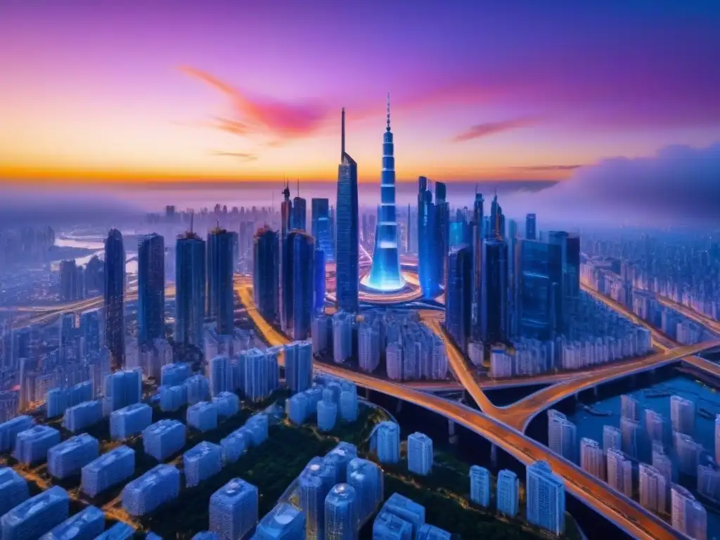 Metrópolis futurista postCOVID: skyline en 8k Vibrante metrópolis futurista postCOVID con rascacielos y autos voladores, reflejando el mercado inmobiliario internacional postCOVID