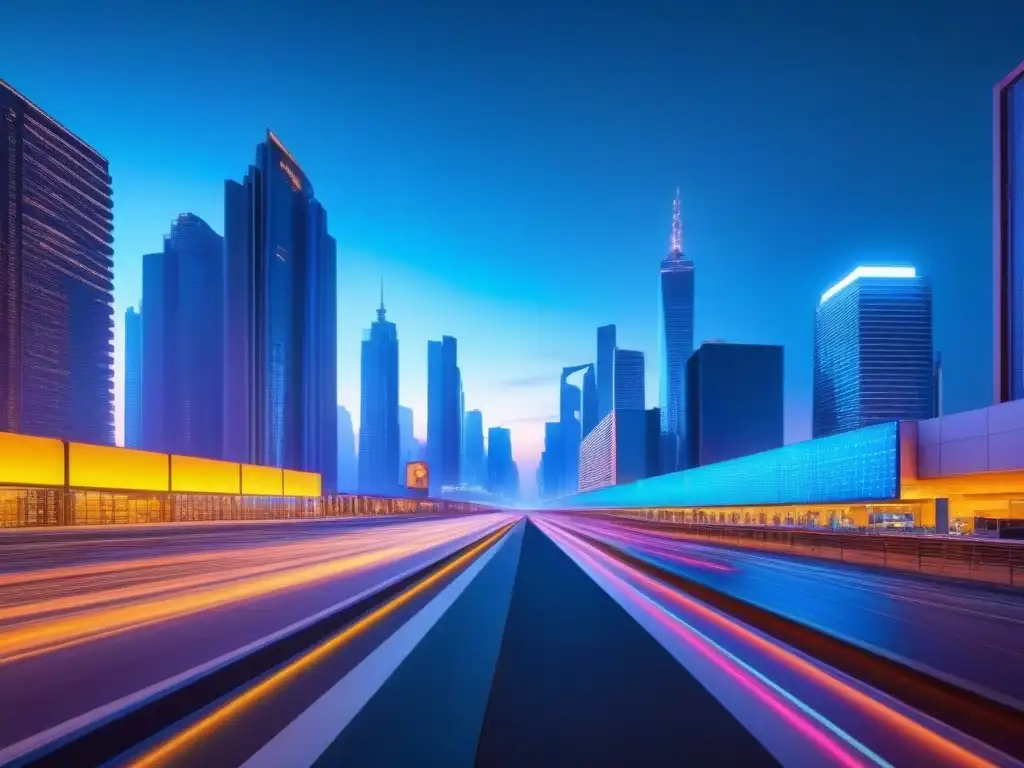 Metrópolis futurista: luces neon en la ciudad del futuro Vibrante metrópolis futurista al anochecer con rascacielos iluminados y sistemas de transporte avanzados