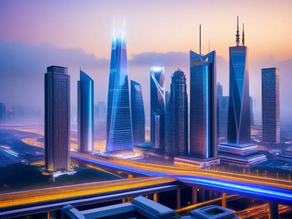 Metrópolis futurista: rascacielos, neón y tecnología avanzada Vibrante metrópolis futurista con rascacielos innovadores y transporte avanzado, reflejando los mercados inmobiliarios emergentes internacionales