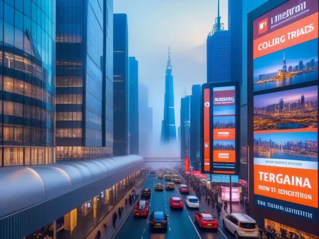 Innovación inmobiliaria: metrópolis futurista al atardecer Vibrante metrópolis futurista al anochecer, con rascacielos y vallas publicitarias digitales