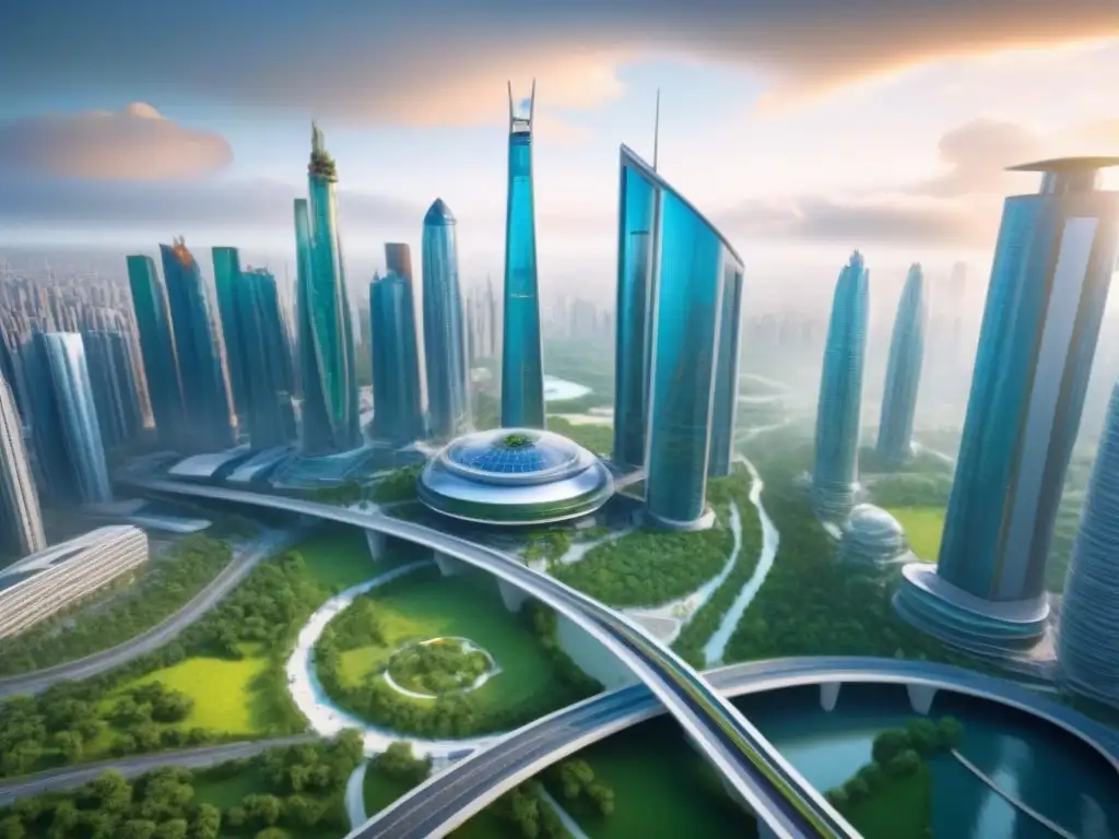 Metrópolis del Futuro: Progreso y Sostenibilidad en América del Norte Vibrante metrópolis del futuro con rascacielos innovadores y áreas verdes, reflejando mega proyectos desarrollos inmobiliarios Norteamérica