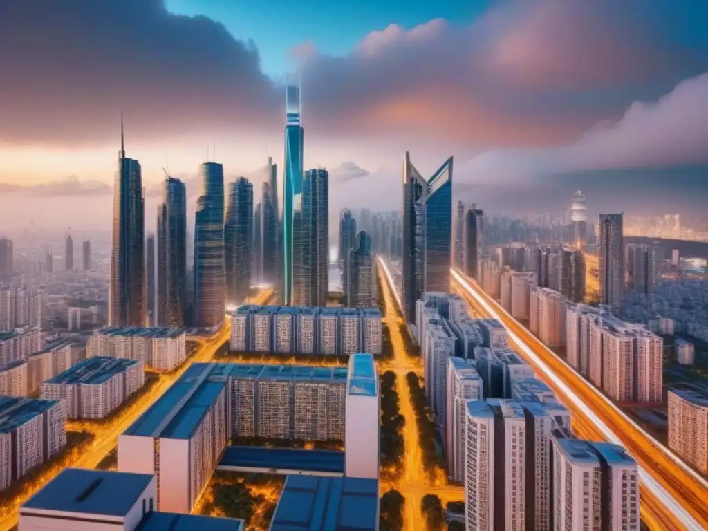Metrópolis futurista: rascacielos eco-tech en 8k Un vibrante futuro urbano: cielo lleno de rascacielos tecnológicos y sostenibles, jóvenes profesionales, vehículos eléctricos y luces de neón