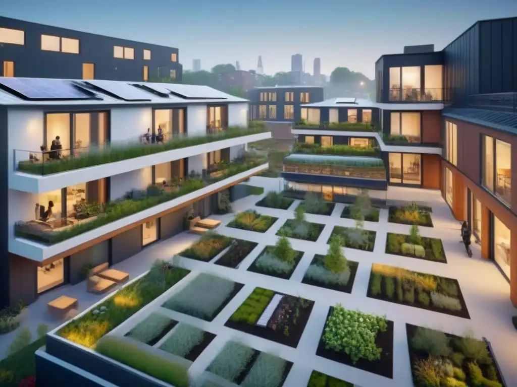 Cohousing moderno y sostenible: vida comunitaria en la ciudad Vibrante cohousing global con arquitectura moderna, techos verdes y residentes en actividades comunitarias