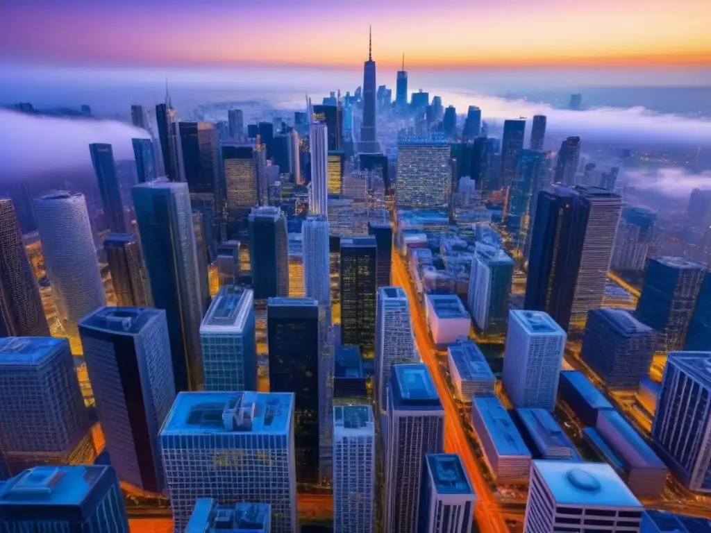 Metrópolis moderna al anochecer: lujo y innovación urbana Vibrante metrópolis global con rascacielos iluminados y autos de lujo, reflejando el legado en mercado inmobiliario internacional