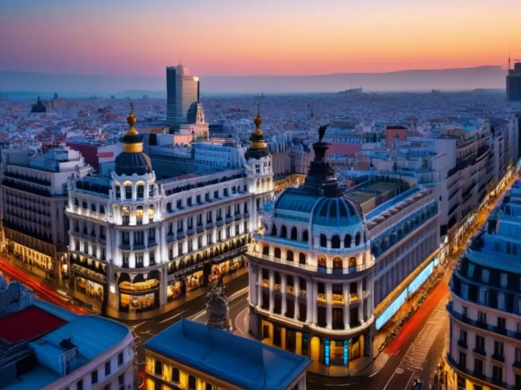 Gran Vía de Madrid tras COVID: resurgimiento inmobiliario al atardecer Vibrante Gran Vía en Madrid post COVID, reflejando la resiliencia de las inversiones inmobiliarias