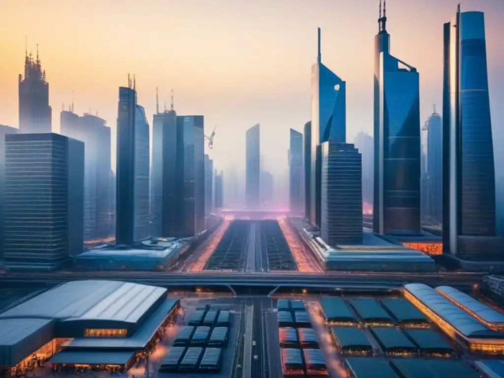 Innovación y diversidad en mercado emergente: skyline futurista y profesionales dinámicos al atardecer Vibrante horizonte de una ciudad emergente con rascacielos futuristas y profesionales de negocios, iluminado por el atardecer
