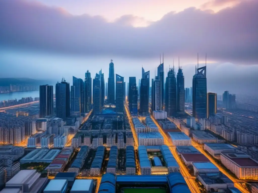 Horizonte futurista de una ciudad emergente: inversión inmobiliaria Un vibrante horizonte de ciudad futurista en un mercado emergente con rascacielos, mercados tradicionales y modernas amenidades