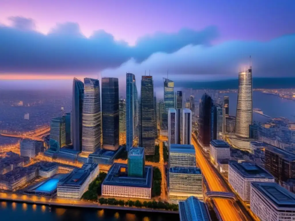 Metrópolis brillante al anochecer: símbolo de inversión global postBrexit Vibrante horizonte de una ciudad internacional al anochecer, reflejando inversión inmobiliaria mercado internacional postBrexit