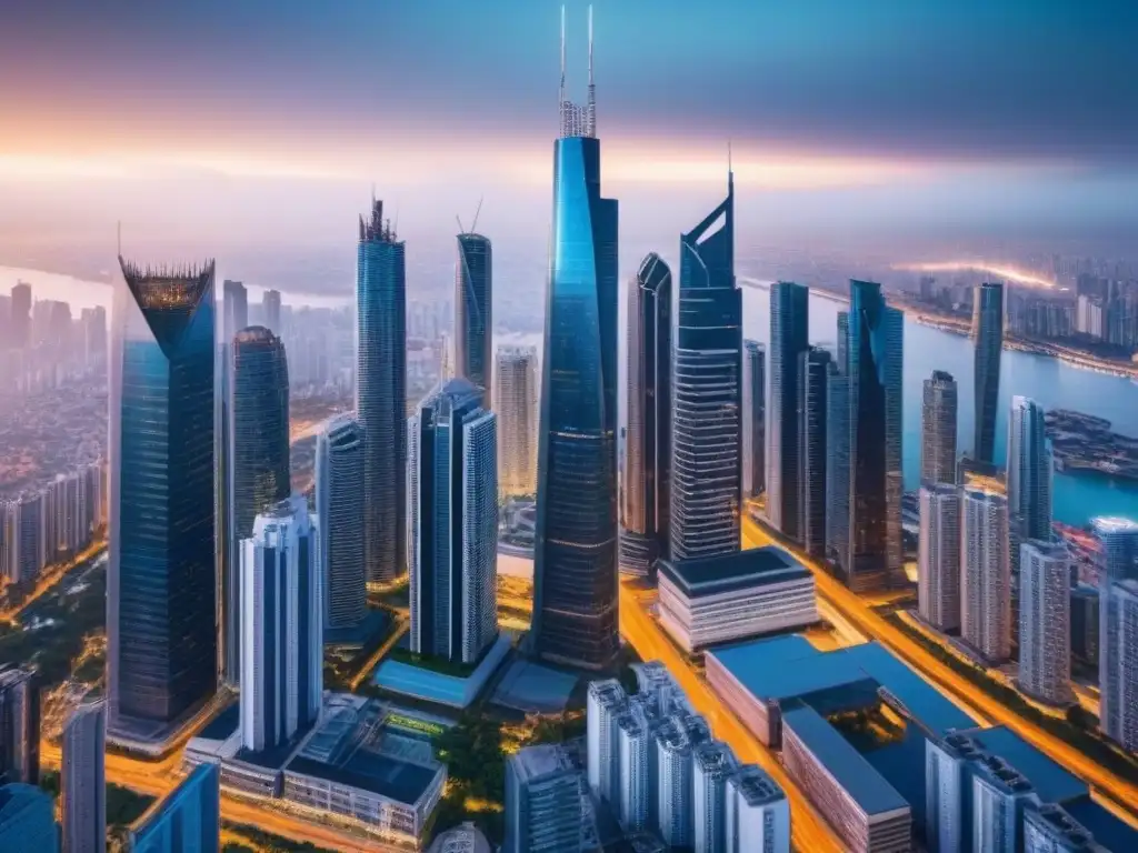 Skyline futurista: resurgimiento inmobiliario postcrisis Vibrante horizonte de una ciudad moderna, reflejando la recuperación económica y las Inversiones inmobiliarias en mercados emergentes