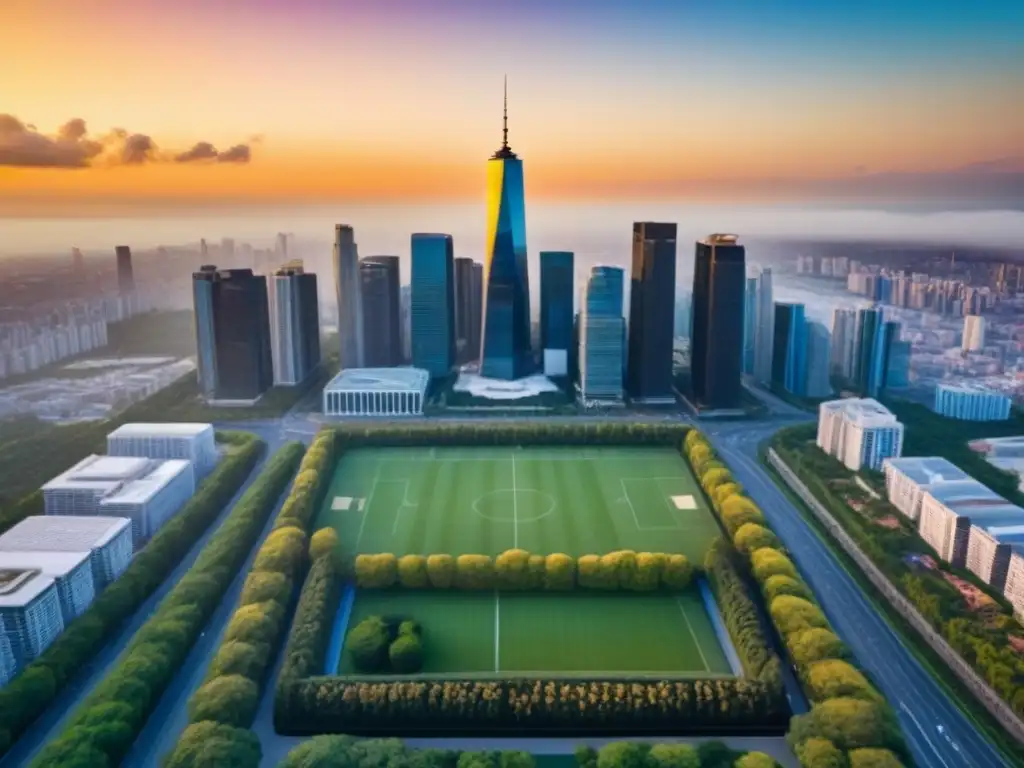 Horizonte urbano al atardecer: modernidad y naturaleza en armonía Vibrante horizonte urbano al atardecer con rascacielos modernos y naturaleza exuberante