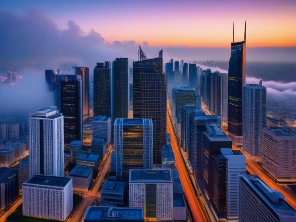 Horizonte urbano al atardecer: modernos rascacielos en 8k Vibrante horizonte urbano al atardecer, reflejando regulación fiscal mercado inmobiliario internacional