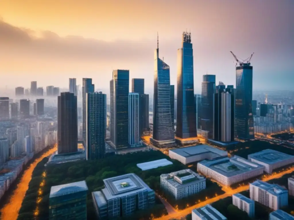Horizonte urbano al atardecer: fusiones inmobiliarias internacionales Un vibrante horizonte urbano al atardecer con rascacielos iluminados, reflejando fusiones en mercado inmobiliario internacional