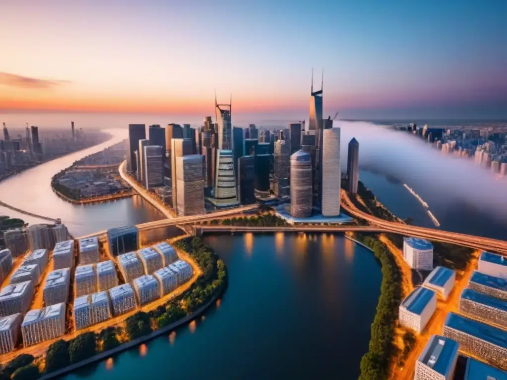 Espléndida ciudad al atardecer: luces, río y prosperidad Vibrante horizonte urbano al atardecer con rascacielos y río, reflejando el sol
