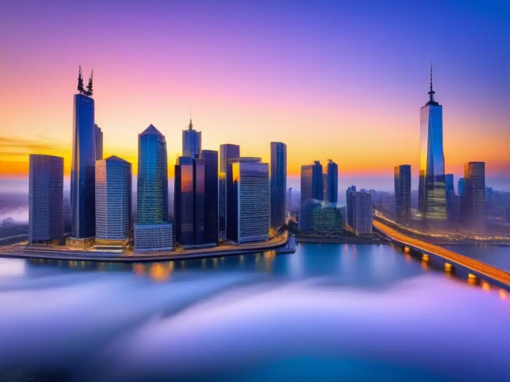 Horizonte urbano moderno al atardecer: real estate en movimiento Vibrante horizonte urbano al atardecer con rascacielos iluminados y profesionales en distrito financiero