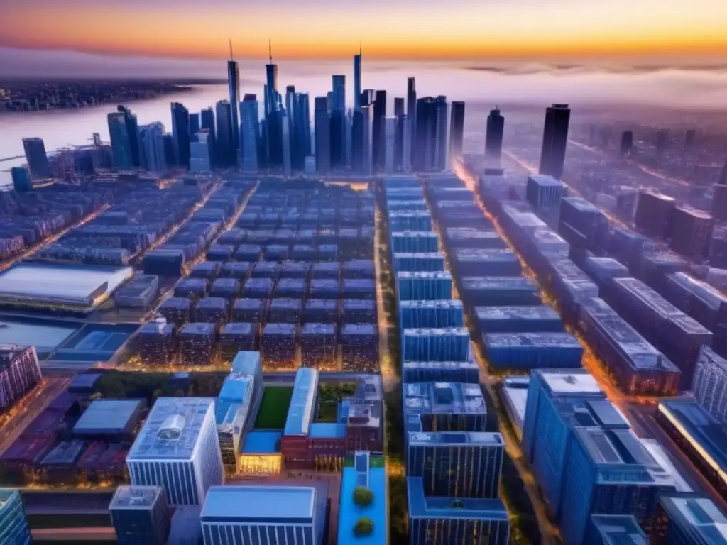 Horizonte urbano vibrante con arquitectura moderna y diversa Un vibrante horizonte urbano durante el atardecer, reflejando un portafolio inmobiliario resiliente en el ciclo económico