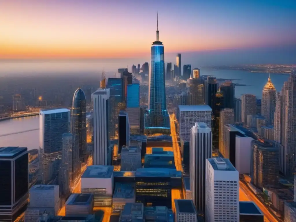 Horizonte urbano al atardecer: modernidad y diversidad arquitectónica Vibrante horizonte urbano al atardecer con rascacielos modernos y luces de la ciudad, reflejando tendencias mercado inmobiliario internacional