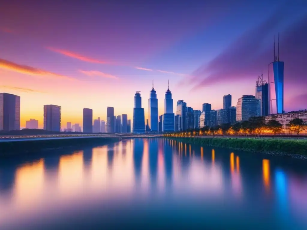 Horizonte urbano futurista al atardecer Vibrante horizonte urbano futurista al atardecer sobre río, ideal para invertir en mercado inmobiliario post-Brexit