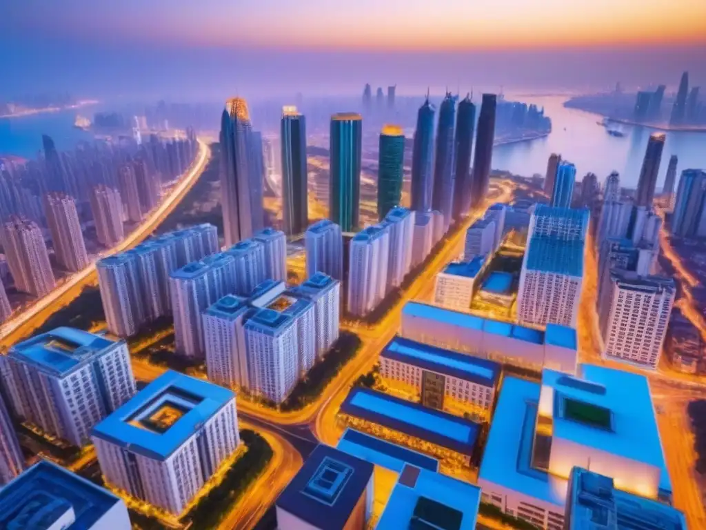 Espectacular metrópolis: luces, rascacielos y atardecer dorado Un vibrante horizonte urbano iluminado con luces brillantes, reflejando el uso estratégico de hashtags en bienes raíces