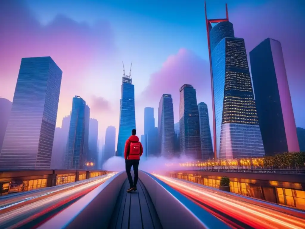Metrópolis nocturna: oportunidades en crowdfunding inmobiliario Un vibrante horizonte urbano al anochecer, reflejando una metrópolis bulliciosa con rascacielos iluminados por luces coloridas