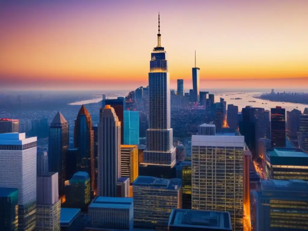 Oportunidades de inversión en la ciudad del futuro al atardecer Un vibrante horizonte urbano moderno al atardecer, con un distrito financiero lleno de rascacielos iluminados por una cálida luz dorada