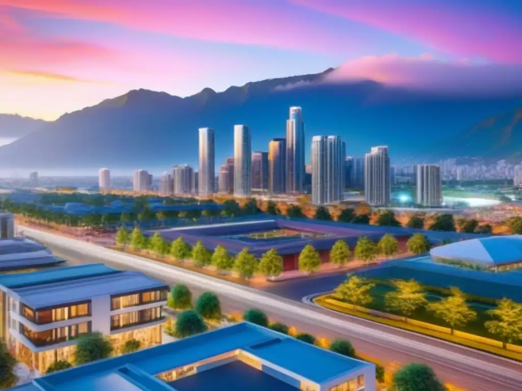 Metrópolis vibrante al atardecer: arquitectura moderna, deporte y naturaleza en equilibrio Un vibrante horizonte urbano moderno al atardecer, con rascacielos elegantes, calles iluminadas y montañas de fondo bajo un cielo colorido