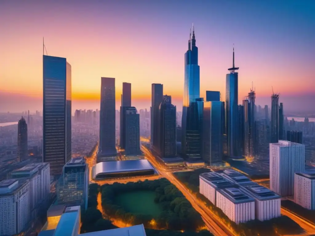 Oportunidades de Crowdfunding Inmobiliario: Futuro Urbano Vibrante horizonte urbano al anochecer con modernos rascacielos iluminados, reflejando el impacto del crowdfunding inmobiliario en mercados emergentes