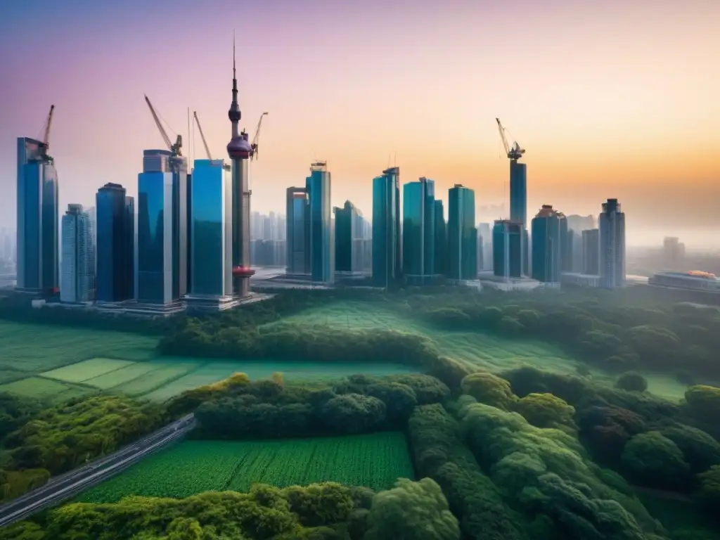 Metrópolis moderna fusionando arquitectura y naturaleza al atardecer Un vibrante horizonte urbano al anochecer con rascacielos modernos y naturaleza exuberante, reflejando armonía y crecimiento