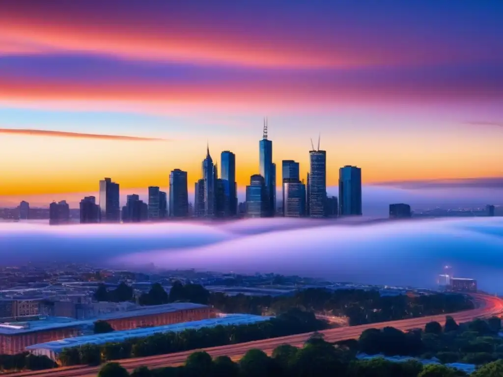 Vibrante horizonte urbano al anochecer con rascacielos iluminados y un cielo crepuscular, ideal para Optimización fiscal inversiones inmobiliarias
