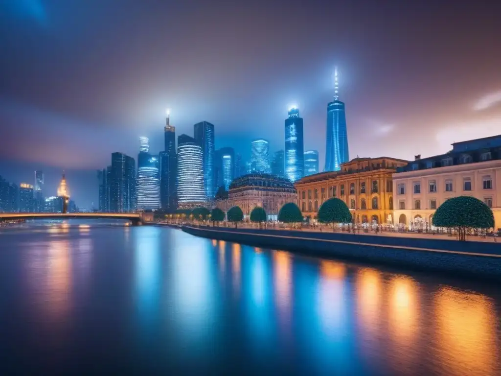Horizonte urbano futurista: ciudad vibrante en la hora azul Vibrante horizonte urbano al anochecer reflejado en el río, con profesionales activos, simbolizando el mercado inmobiliario internacional postfusión