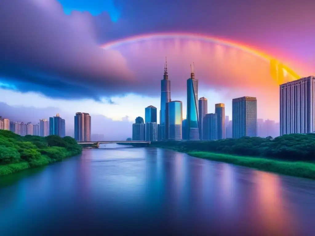 Cityscape moderno al atardecer: oportunidades de inversión Vibrante imagen de una ciudad moderna al atardecer, con rascacielos iluminados reflejándose en un río tranquilo