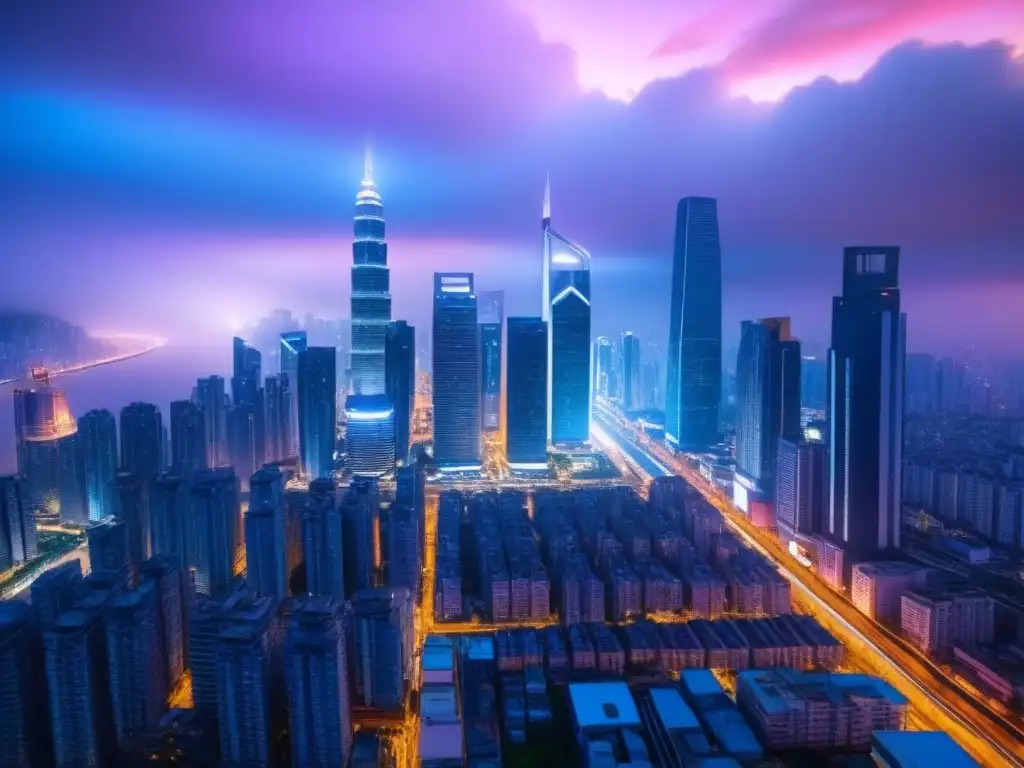 Metrópolis vibrante en Sudeste Asiático: Luz, color y energía urbana Vibrante imagen de una metrópolis en Sudeste Asiático, con rascacielos modernos y jóvenes profesionales, iluminada por luces de neón